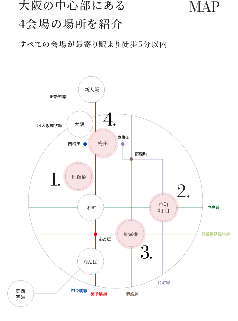 大阪の中心部にある4会場の場所を紹介　すべての会場が最寄り駅より徒歩5分以内